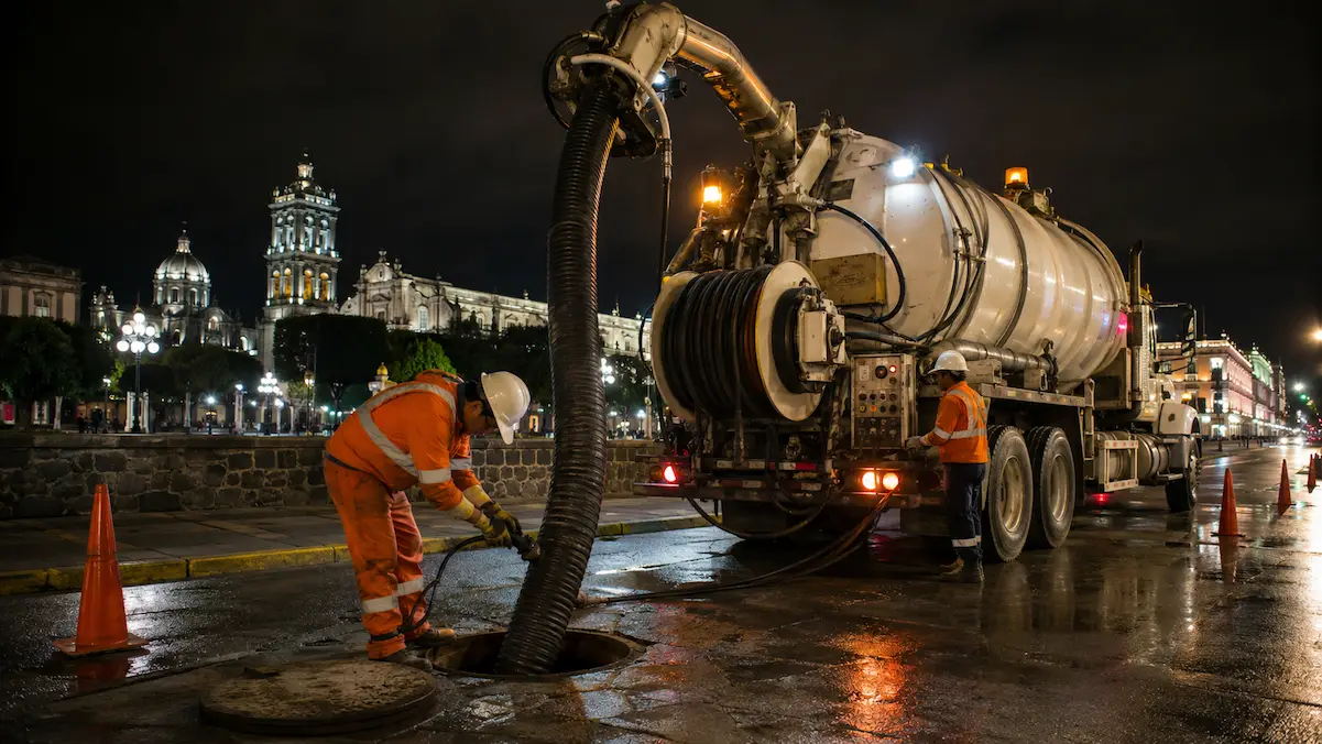 Desazolve Industrial en Puebla — camión vactor y técnico trabajando en planta industrial